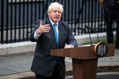 Boris Johnson som håller avskedstal dagen då han ska lämna premiärministerposten formellt.
