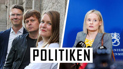 En delad bild med finansminister Riikka Purra till höger, och journalisterna Magnus Swanljung, Joakim Rundt och Marianne Sundholm till vänster. Över bilden står det Politiken.