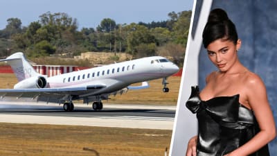 Bildcollage. Till vänster ett privatflyg som lyfter, till höger Kylie Jenner som poserar.