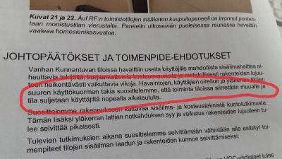 Brev på finska med texten: Vi rekommenderar att verksamheten i lokalerna flyttas bort och att lokalerna stängs enligt en snabb tidtabell.