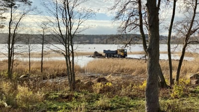En udde i höstfärger. Längre bort syns en lastbil som släpper ner stenar i änden av vad som är början på en vågbrytare.