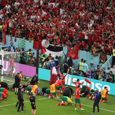 Marockos spelare jublar framför publiken.