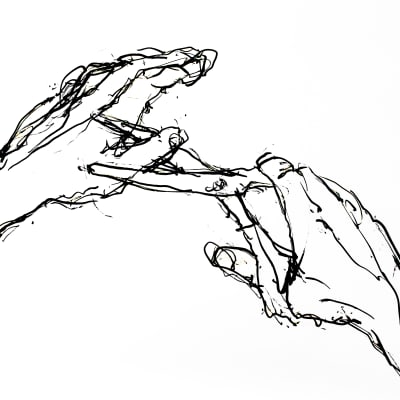 Teckning föreställande händer, den ena håller i en sax som klipper tummen av den andra handen.