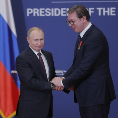 Presidenterna Putin och Vucic skakar hand.