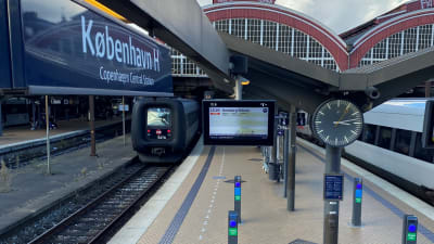 En perrong på Köpenhamns centralstation, till vänster ett tåg redo för avgång, till höger en klocka och i mitten en informationstavla där det står Hamburg.
