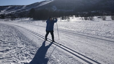 En kvinna skidar i ett skidspår. Snö och sol med blå himmel. I bakgrunden fjäll. Det är i Hols kommun i Norge.
