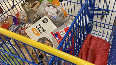 Shoppingvagn med bland annat mjölk, ägg och bröd. Och ett par röda handskar. 