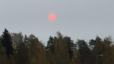 En blodröd sol ovanför Helsingfors i morse.