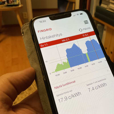 Fingridin älypuhelinsovellus kertoo sähköpörssin tuntihinnat päivittäin.