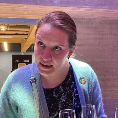 Vihreiden Mirka Soinikoski lähikuvassa. Katsoo ohi kameran.