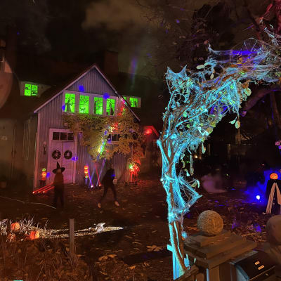 Kulosaaressa asuvan Poijärven perheen Halloween-teeman mukaan koristeltu talo.