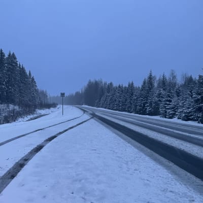 Lunta ja sohjoa tiellä aamuhämärässä. 