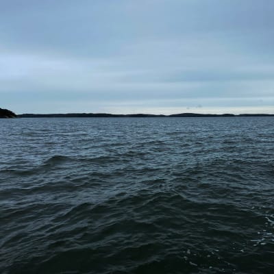 Ett stort öppet vattenområde, med öar i horisonten. Himlen är grå, och det går vågor på sjön.