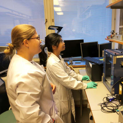 Materiaalitekniikan apulaisprofessori Emilia Peltola ja väitöskirjatutkija Naela Delmo Turun yliopiston laboratoriossa.ssa.