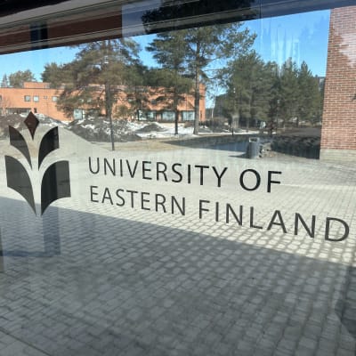 Lasiseinä, jossa lukee mustin kirjaimin University on Eastern Finland.