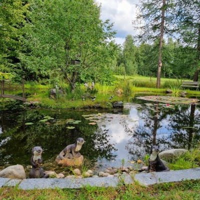 Puutarhalampi, missä kivien päällä keramiikkasaukkoja ja lumpeen kukkia.