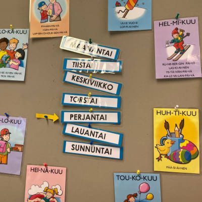 Seinällä on kuvia, jotka opettavat suomen kieltä.