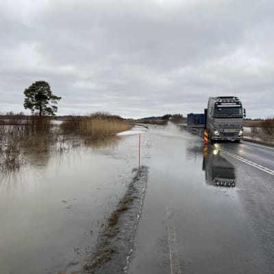 Loimijoki tulvii Loimaantielle, toinen kaista on suljettu liikenteeltä, rekka ohittaa tulvivaa kaistaa.