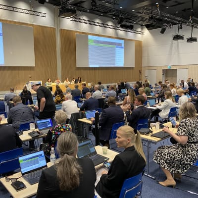 Ihmisiä istuu selin kameraan valmistautumassa kokoukseen. Takaseinälle on heijastettu kokousmateriaaleja.