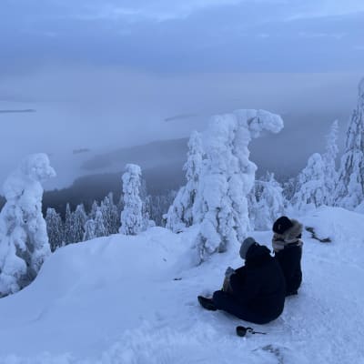 Kaverukset juovat kahvia Kolin huipun tuntumassa Pielistä ihaillen. 