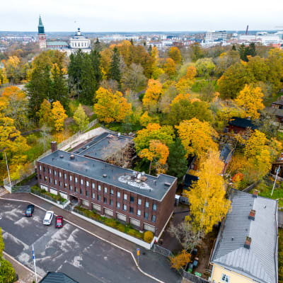 Tummatiilinen rakennus ja ja syyssävyisiä puita ylhäältä päin kuvattuna. Taustalla mm. Turun tuomiokirkon torni. 