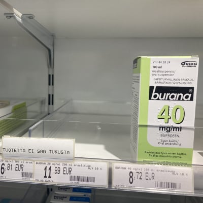 Nestemäiset buranat ovat loppu City-apteekissa Lappeenrannassa, ainoastaan 40 milligramman pakkausta on yksi jäljellä. 