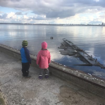 Två barn tittar ut över Tallinnbukten med Tallinns siluett i horisonten