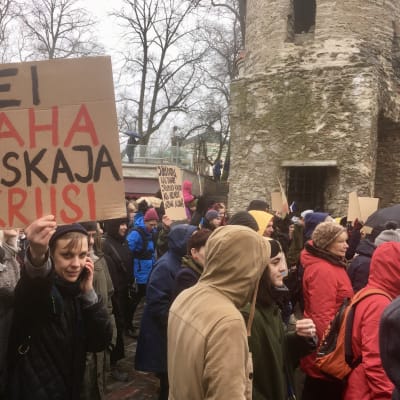 "Vi vill inte ha en medeltidskris" står det på ett av många plakat på en demonstration mot regeringsförhandlingarna med det nationalkonservativa partiet EKRE i Estland.