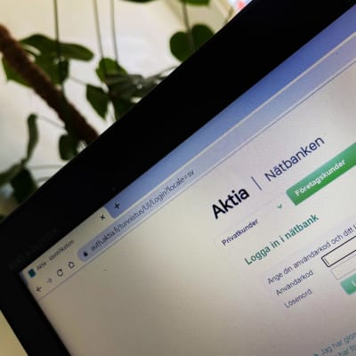 Aktias nätbankssida är öppen på en bärbar dator. I bakgrunden en grönväxt.