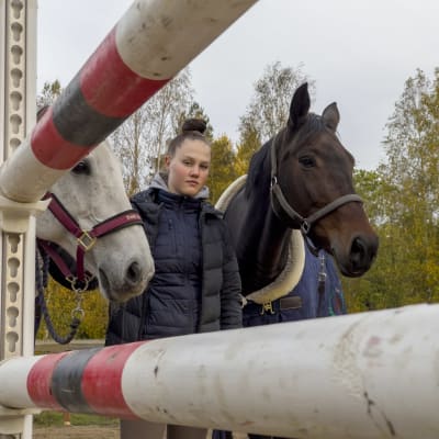 En ung kvinna med två hästar. de står bakom ett hinder som används vid banhoppning.