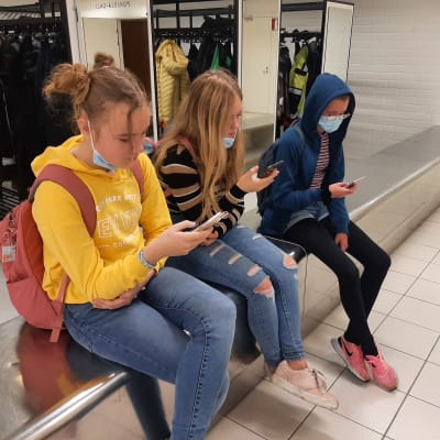 Tre ungdomar i rad ser på sina mobiltelefoner.