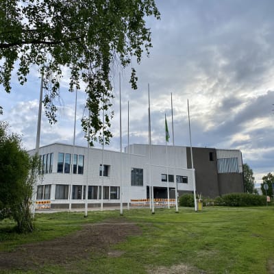 Rovaniemen kaupungintalo, edustalla lipputankoja ja vihreää nurmikkoa. 