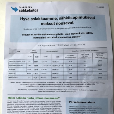 Tampereen sähkölaitoksen ilmoitus asiakkaille hintojen noususta.