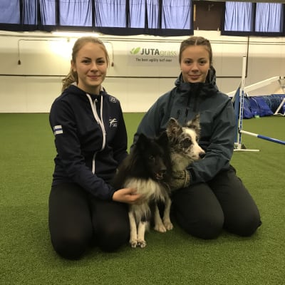 Ida och Emilia Lindström med hundarna Win och Lix. Flickorna driver ett företag och tränar agility i en hall på Fågelberget i Korsholm.