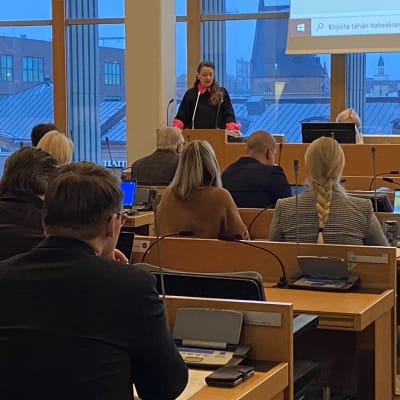 Tampereen kaupungin pormestari Anna-Kaisa Ikonen (kok.) valtuustosalissa.