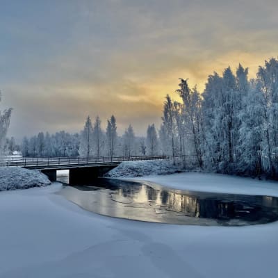 En landsvägsbro i ett vinterlandskap med träd och ett vattendrag.