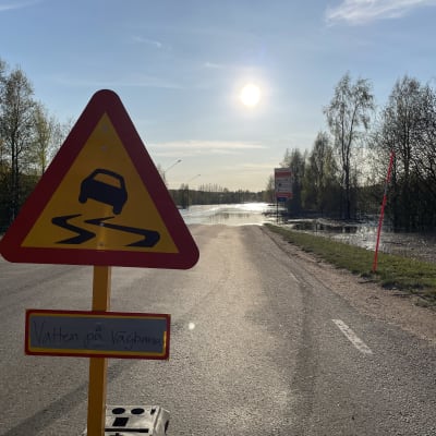 Kuvassa on liikennemerkki, joka varoittaa, että tiellä on vettä. Taustalla näkyy Suomen ja Ruotsin raja.