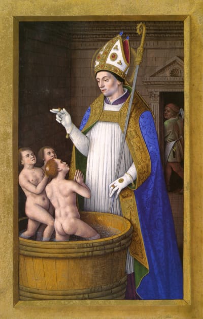 S:t Nikolaus återupplivar tre mördade och styckade barn på medeltida målning.