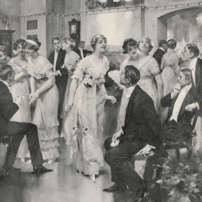 Kvinnor bjuder män upp till dans på en skottårsbal i England år 1912.