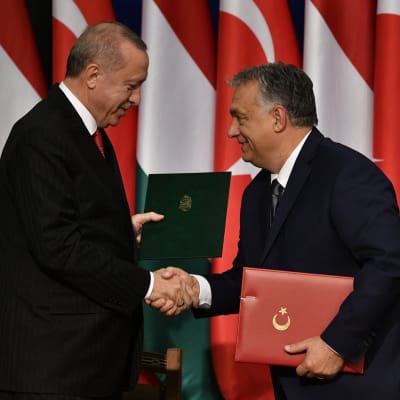 Recep Tayyip Erdogan och Viktor Orban skakar hand.