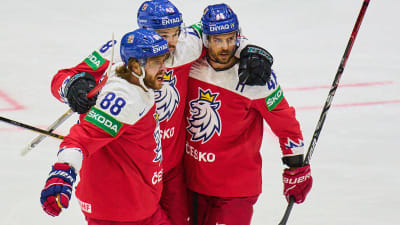 David Pastrnak, Tomas Hertl och David Krejci firar mål.