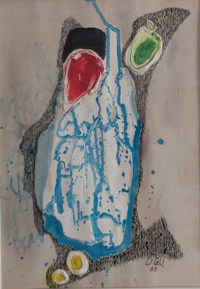 Ett människohjärta i tilltalande färger: blått, grönt, rött, gult, svart. Är en akvarell målad av den hjärtsjuke konstnären Gösta Diehl år 1963.