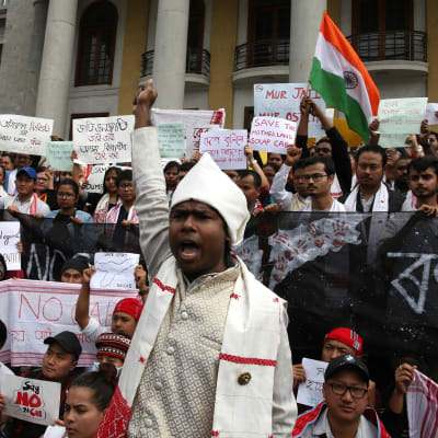 Bild från demonstration i Bangalore i Indien mot. På bilden syns en vitklädd man i förgrunden som räcker upp sin knutna näve ovanför hvuudet.