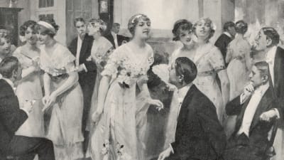 Kvinnor bjuder män upp till dans på en skottårsbal i England år 1912.