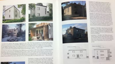 Ett uppslag i en bok med bilder på hus och text som berättar om husen på bilderna.