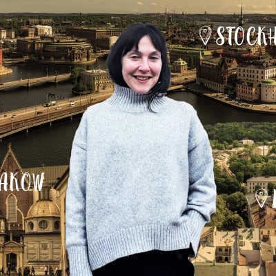 Natalie Ringler i en grå tröjja. I bakgrunden ett kollage med stadsbilder från Stockholm, Lviv och Krakow. 
