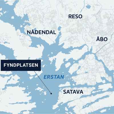 Karta över Erstan, med Satava, Åbo, Reso, Nådendal och fyndplatsen utmärkta.