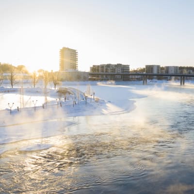 Pielisjoki höyryää aurinkoisena pakkaspäivänä.