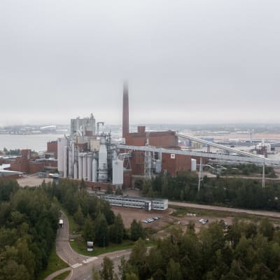 En stor, röd fabrik i ett skogsbevuxet område. Det är mulet, och fabrikens högsta skorsten täcks av ett lågt moln.
