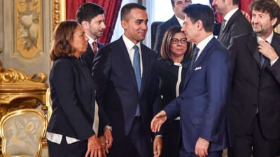 Italienska ministrar 5.9.2019. Inrikesminister Luciana Lamorgese, utrikesminister Luigi Di Maio, premiärminister Giuseppe Conte och kulturminister Dario Franceschini